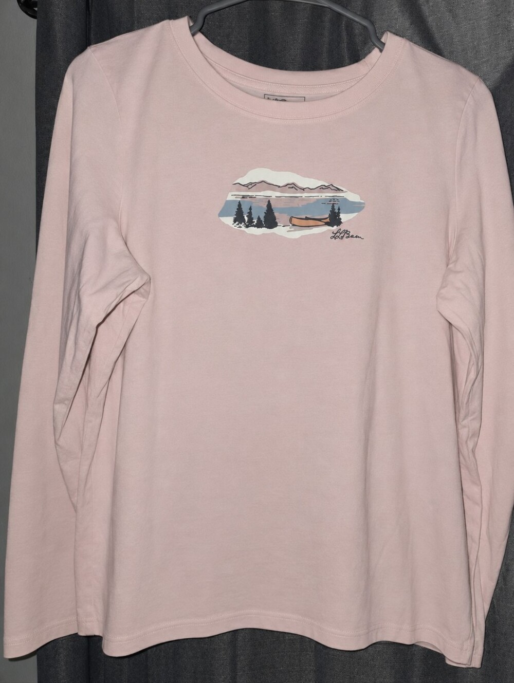 L.L. Bean pink long-sleeve crewneck t-shirt With scenic mountain & canoe Size M